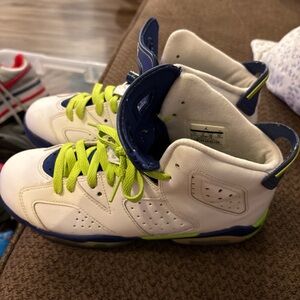 Kids White and Blue Jordan Sneakers with Green Accents